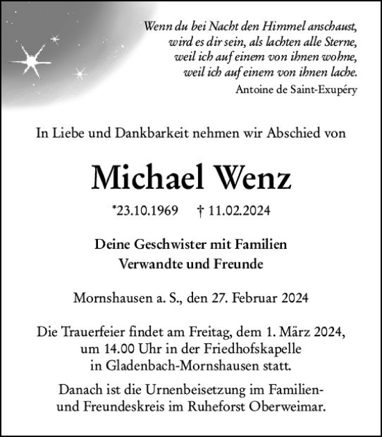 Traueranzeige von Michael Wenz von Hinterländer Anzeiger