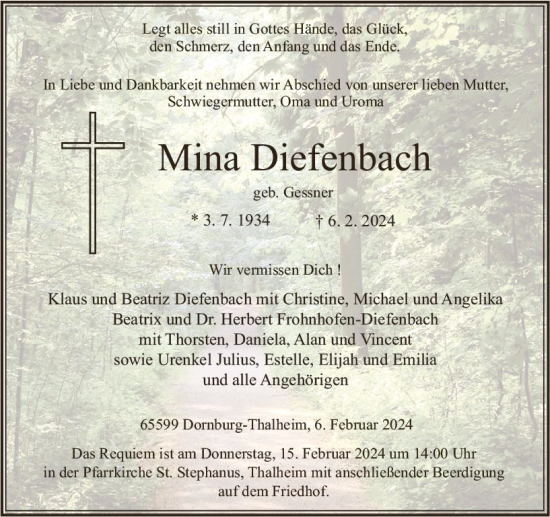 Traueranzeige von Mina Diefenbach von Nassauische Neue Presse