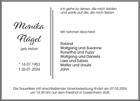 Traueranzeige von Monika Flügel von Rheingau Kurier