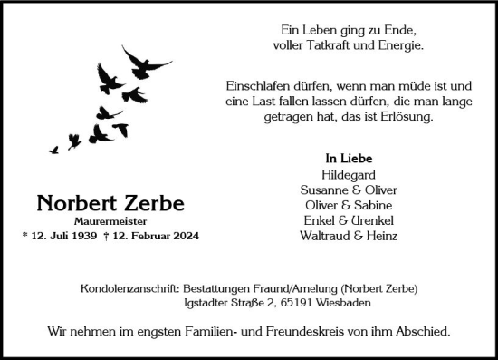 Traueranzeige von Norbert Zerbe von Wiesbadener Kurier
