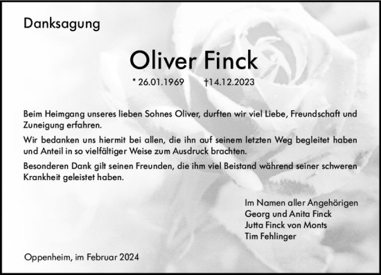 Traueranzeige von Oliver Finck von Allgemeine Zeitung Mainz