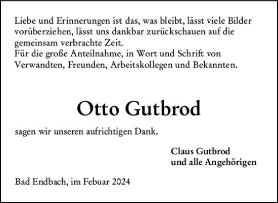 Traueranzeige von Otto Gutbrod von Hinterländer Anzeiger