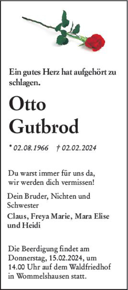 Traueranzeige von Otto Gutbrod von Hinterländer Anzeiger