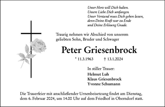 Traueranzeige von Peter Griesenbrock von Wetzlarer Neue Zeitung