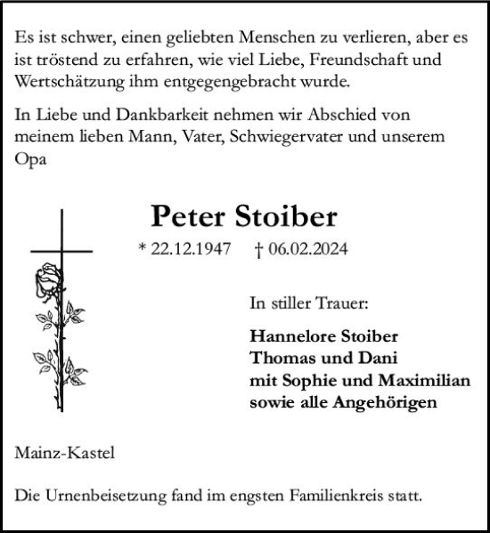Traueranzeige von Peter Stoiber von Allgemeine Zeitung Mainz