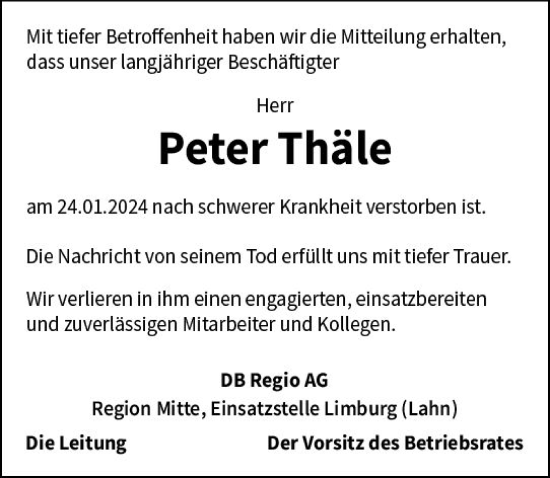 Traueranzeige von Peter Thäle von Nassauische Neue Presse