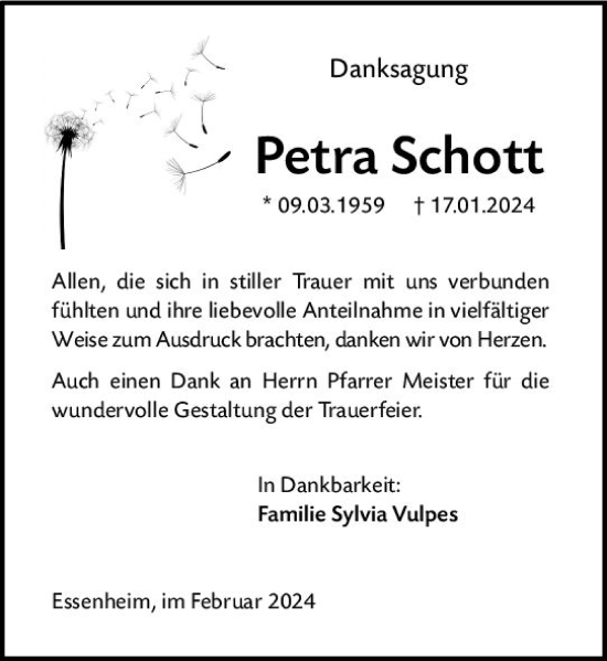 Traueranzeige von Petra Schott von Allgemeine Zeitung Mainz