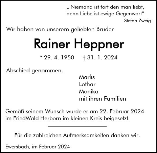 Traueranzeige von Rainer Heppner von Dill Block