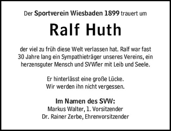 Traueranzeige von Ralf Huth von Wiesbadener Kurier