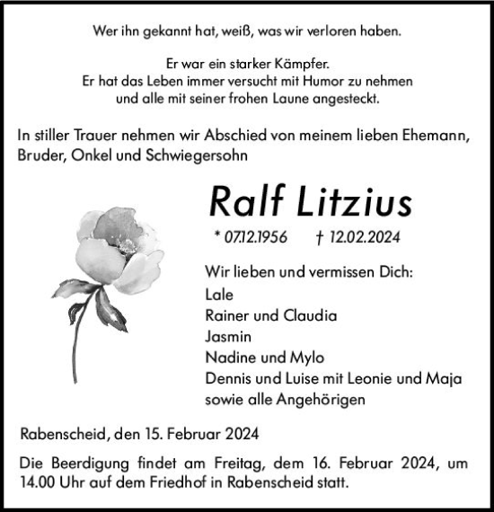 Traueranzeige von Ralf Litzius von Dill Block