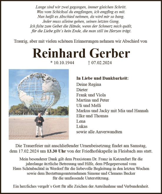Traueranzeige von Reinhard Gerber von Dill Block