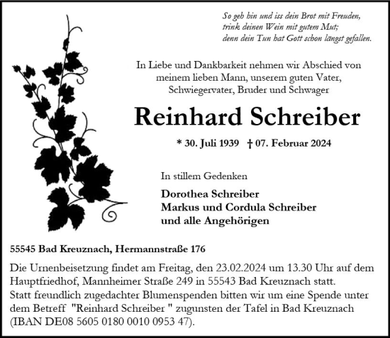 Traueranzeige von Reinhard Schreiber von Allgemeine Zeitung Bad Kreuznach