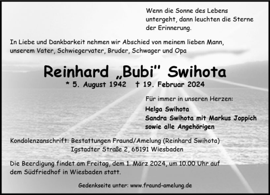 Traueranzeige von Reinhard Swihota von Wiesbadener Kurier