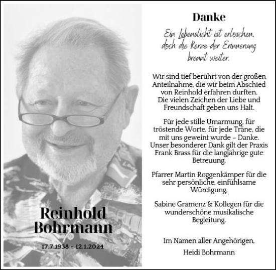 Traueranzeige von Reinhold Bohrmann von Wiesbadener Kurier