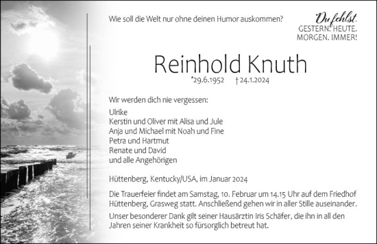 Traueranzeige von Reinhold Knuth von Wetzlarer Neue Zeitung