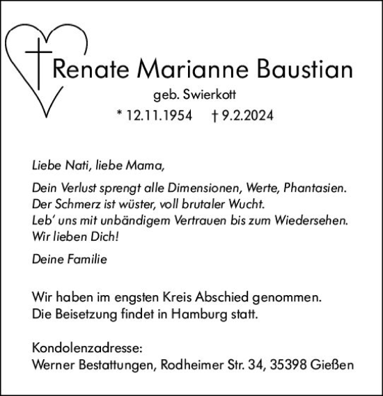 Traueranzeige von Renate Marianne Baustian von Dill Block