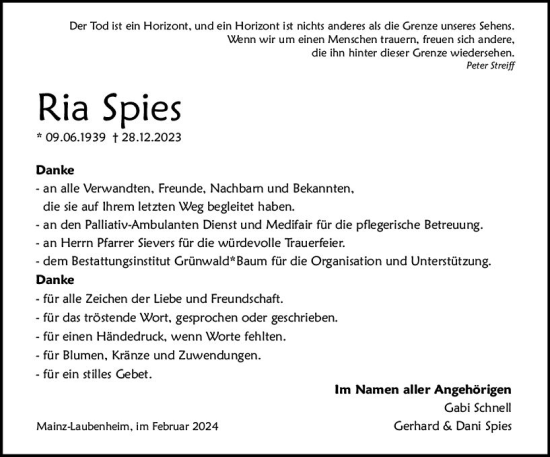 Traueranzeige von Ria Spies von Allgemeine Zeitung Mainz