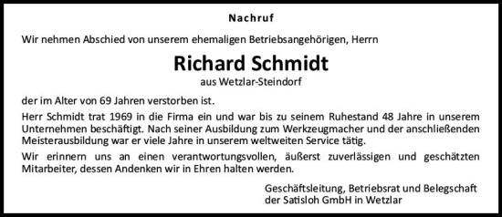 Traueranzeige von Richard Schmidt von Wetzlarer Neue Zeitung