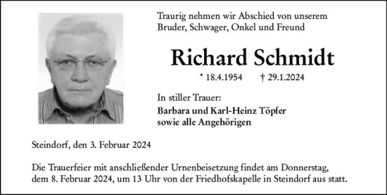 Traueranzeige von Richard Schmidt von Wetzlarer Neue Zeitung