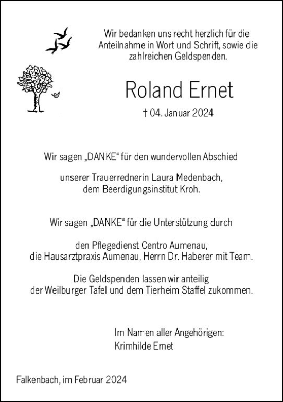 Traueranzeige von Roland Ernet von Weilburger Tageblatt
