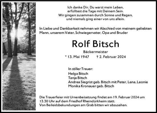 Traueranzeige von Rolf Bitsch von Wormser Zeitung