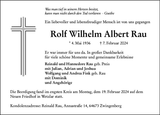 Traueranzeige von Rolf  Rau von Wetzlarer Neue Zeitung