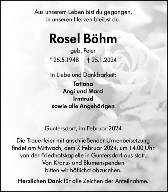 Traueranzeige von Rosel Böhm von Dill Block