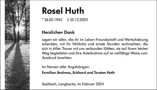 Traueranzeige von Rosel Huth von Weilburger Tageblatt