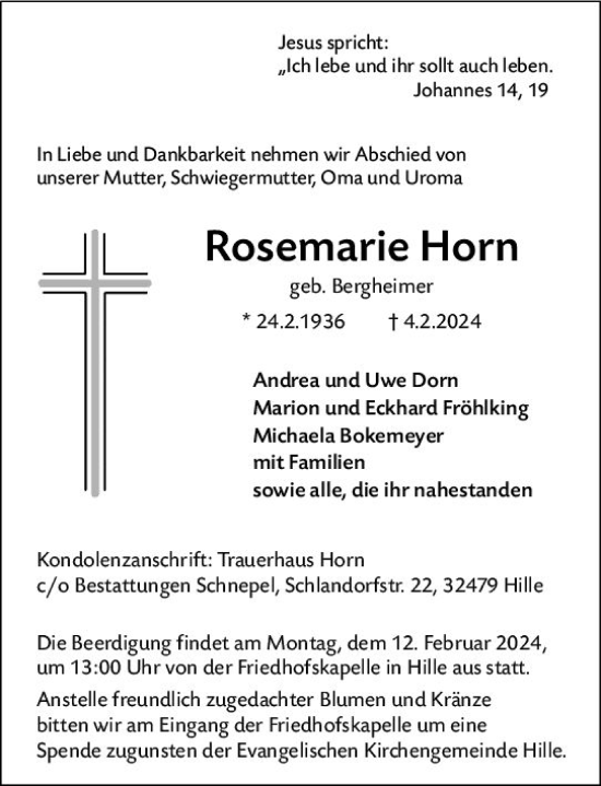 Traueranzeige von Rosemarie Horn von Camberger Anzeiger