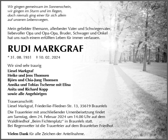 Traueranzeige von Rudi Markgraf von Wetzlarer Neue Zeitung
