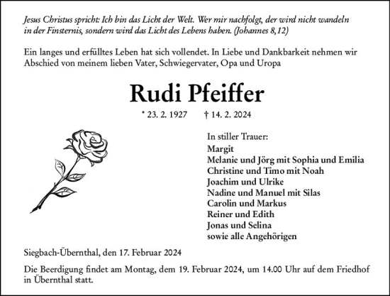 Traueranzeige von Rudi Pfeiffer von Dill Block