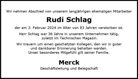 Traueranzeige von Rudi Schlag von Darmstädter Echo