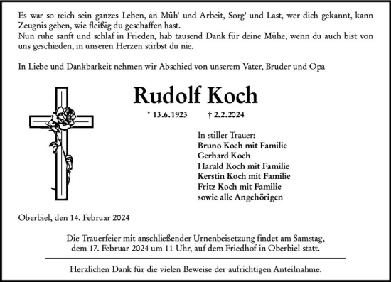 Traueranzeige von Rudolf Koch von Wetzlarer Neue Zeitung