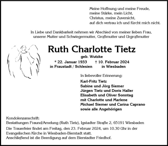 Traueranzeige von Ruth Charlotte Tietz von Wiesbadener Kurier