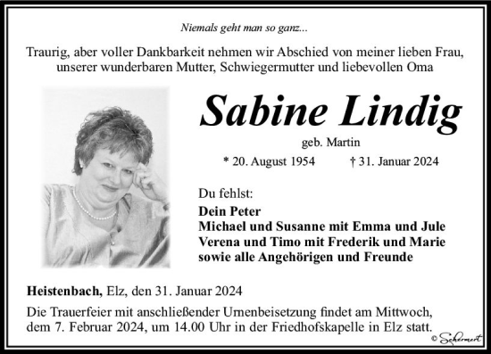 Traueranzeige von Sabine Lindig von Nassauische Neue Presse