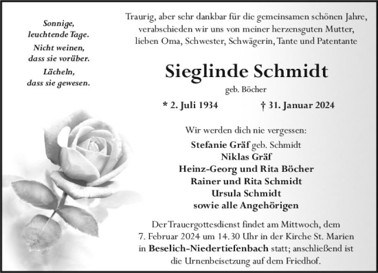 Traueranzeige von Sieglinde Schmidt von Nassauische Neue Presse