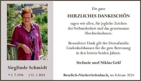 Traueranzeige von Sieglinde Schmidt von Nassauische Neue Presse