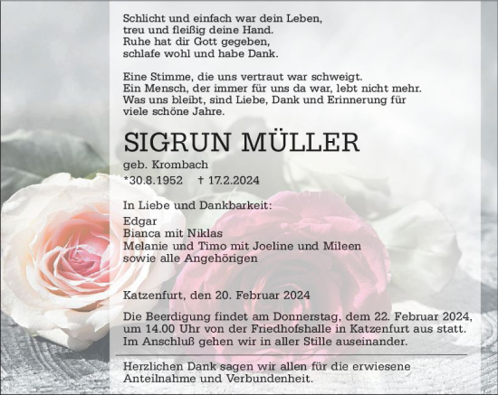 Traueranzeige von Sigrun Müller von Wetzlarer Neue Zeitung