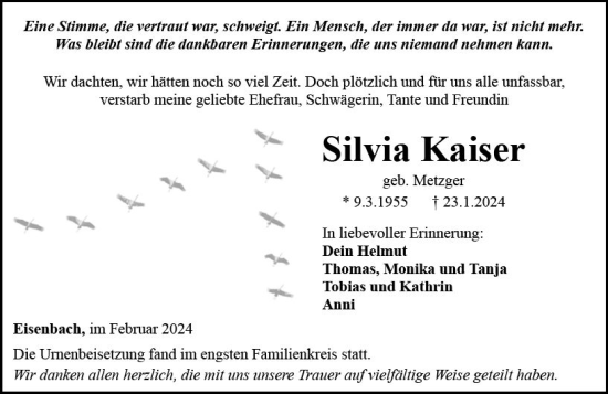 Traueranzeige von Silvia Kaiser von Camberger Anzeiger