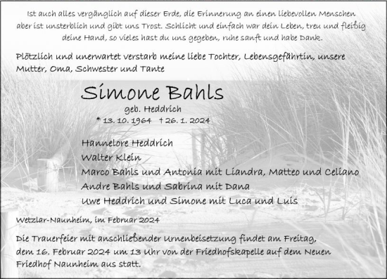 Traueranzeige von Simone Bahls von Wetzlarer Neue Zeitung