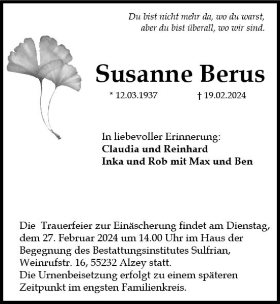 Traueranzeige von Susanne Berus von Allgemeine Zeitung Alzey