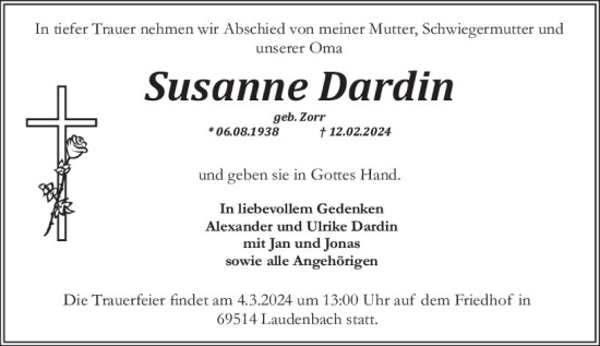 Traueranzeige von Susanne Dardin von Allgemeine Zeitung Mainz