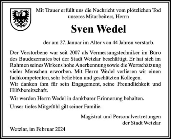Traueranzeige von Sven Wedel von Wetzlarer Neue Zeitung