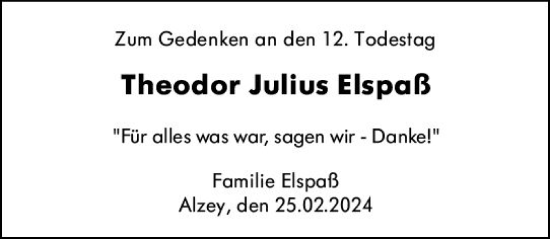 Traueranzeige von Theodor Julius Elspaß von Allgemeine Zeitung Alzey