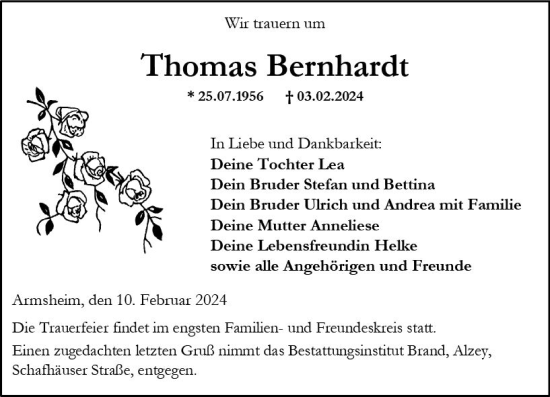 Traueranzeige von Thomas Bernhardt von Allgemeine Zeitung Alzey
