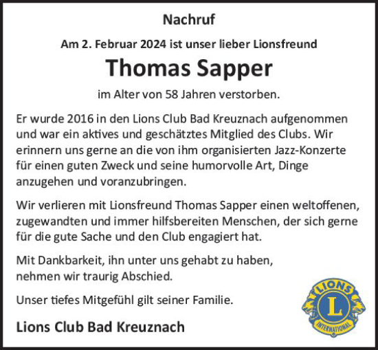Traueranzeige von Thomas Sapper von Allgemeine Zeitung Bad Kreuznach
