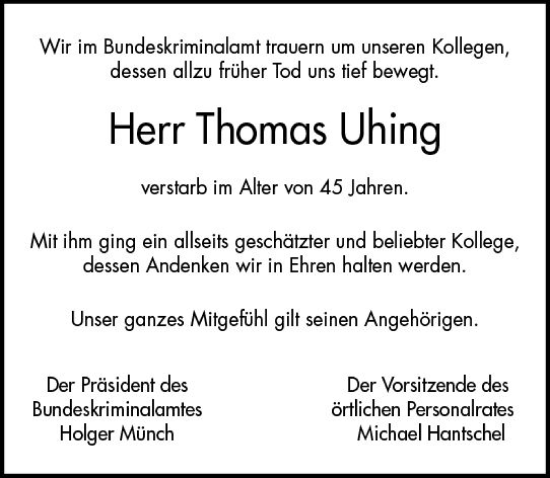 Traueranzeige von Thomas Uhing von Wiesbadener Kurier