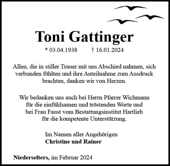 Traueranzeige von Toni Gattinger von Camberger Anzeiger