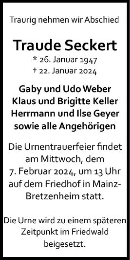 Traueranzeige von Traude Seckert von Allgemeine Zeitung Mainz