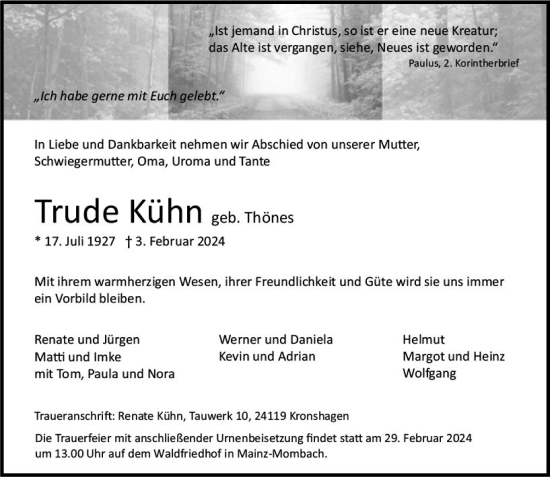 Traueranzeige von Trude Kühn von Wiesbadener Kurier